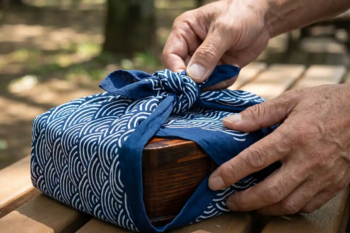 Cultura del bento: el arte de la caja de comida para llevar en japón - furoshiki envoltorio bento tradicion Manos desatando un nudo de tela azul sobre una caja de madera tradicional japonesa.
