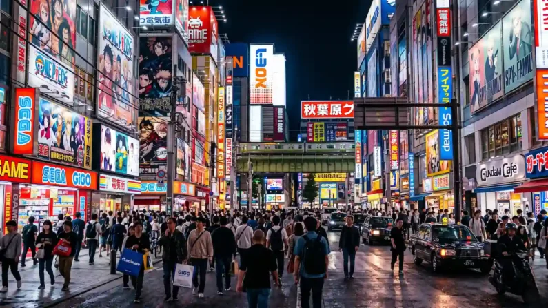 Guía maestra de anime y entretenimiento otaku en japón - guia maestra de cultura pop y universo otaku en japon anime y manga Fotografía nocturna de las tiendas de anime y electrónica en la calle principal de akihabara, japón, mostrando edificios repletos de carteles luminosos y neones.
