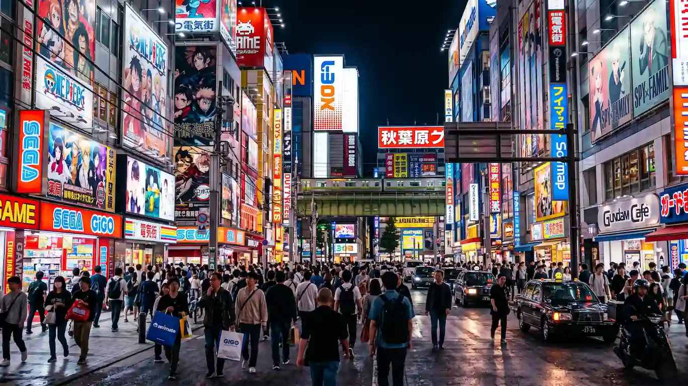 Guía maestra de anime y entretenimiento otaku en japón - guia maestra de cultura pop y universo otaku en japon anime y manga Fotografía nocturna de las tiendas de anime y electrónica en la calle principal de akihabara, japón, mostrando edificios repletos de carteles luminosos y neones.