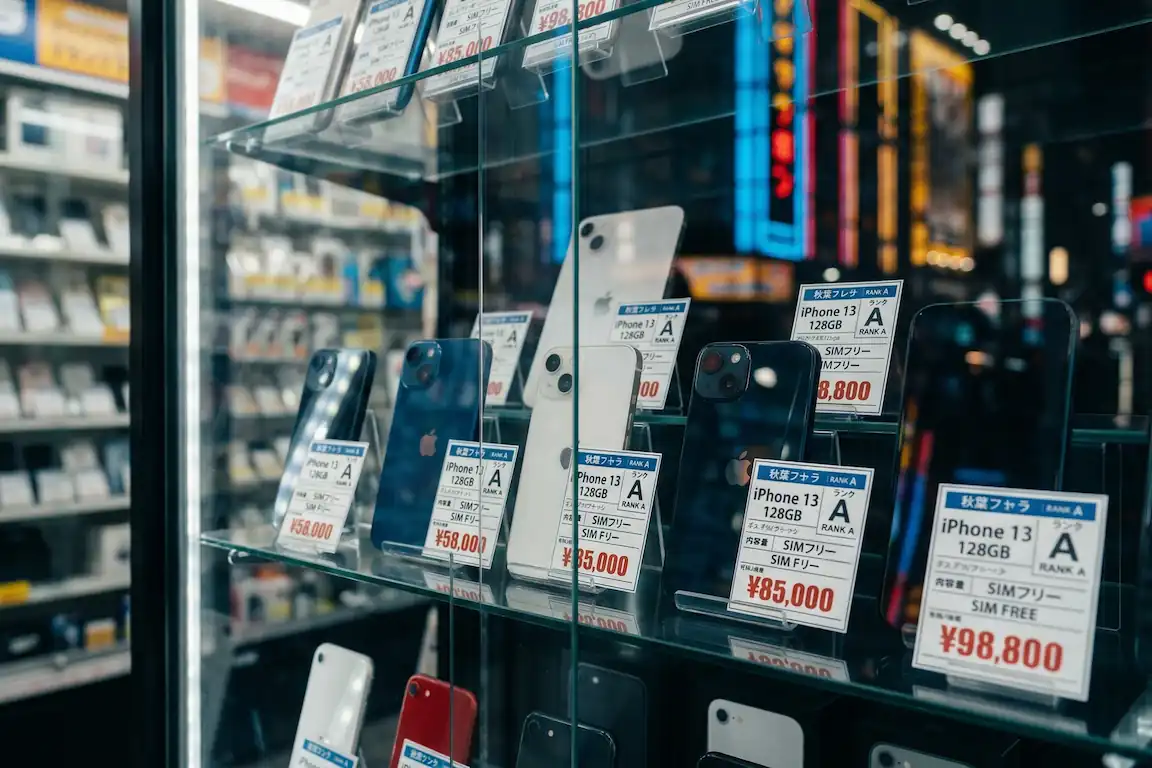 ¿vale la pena comprar un iphone en japón? Precios y guía 2026 - iphone segunda mano japon grado a akihabara Escaparate de cristal en una tienda japonesa lleno de iphones usados perfectamente alineados con etiquetas de precio que indican rango a y sim libre.