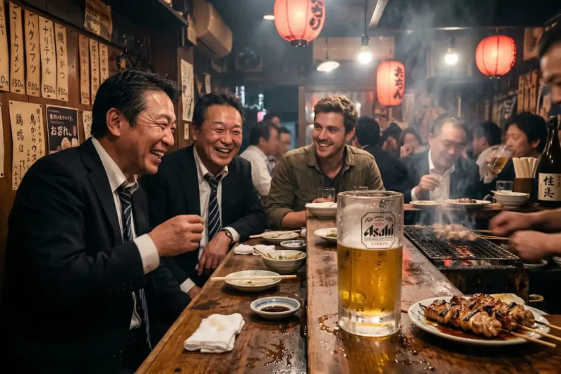 Guía de cómo hacer amigos en japón siendo extranjero - izakaya socializar japon shinjuku Grupo de personas riendo y bebiendo cerveza en una taberna tradicional japonesa iluminada con luces cálidas. Guía para hacer amigos en japón