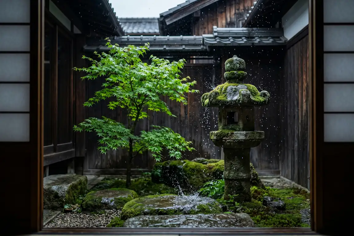 Dormir en una machiya: la experiencia más auténtica de japón - jardin interior tsuboniwa machiya Jardín japonés minúsculo con musgo, piedras húmedas y un arce japonés visto desde el interior.
