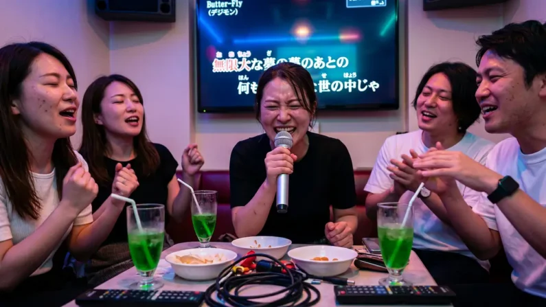 Top 8 mejores opening de anime de los 90 - karaoke akihabara digimon butterfly Personas cantando con micrófono en una sala de karaoke de akihabara con letras de canciones en la pantalla.