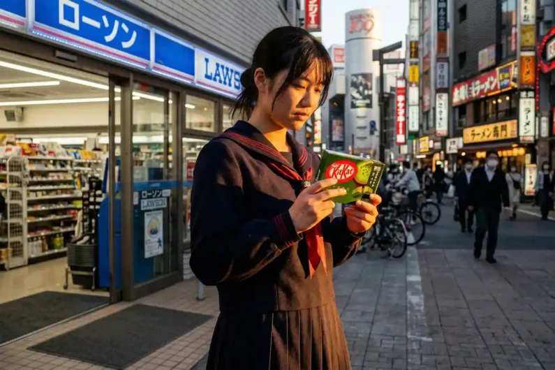 Supersticiones japonesas y tabúes: números, palillos y espejos - kit kat amuleto suerte japon Estudiante en uniforme tradicional japonés sosteniendo una caja de kit kat de té verde frente a un lawson en shibuya al atardecer.