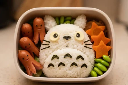 Cultura del bento: el arte de la caja de comida para llevar en japón - kyaraben bento personajes anime comida Almuerzo japonés infantil con bolas de arroz en forma de personajes de anime y decoraciones vegetales.