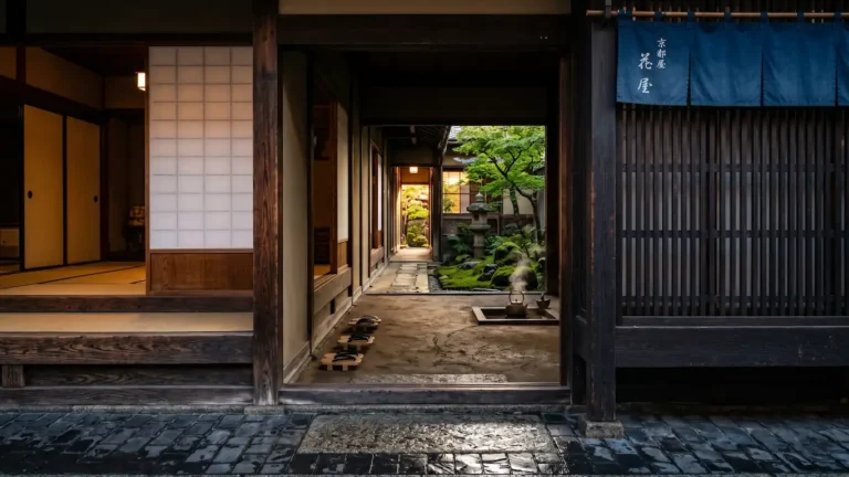 Dormir en una machiya: la experiencia más auténtica de japón - machiya tradicional kioto portada japon Fotografía desde el umbral de una casa tradicional japonesa, mostrando el pasillo de tierra y un jardín iluminado al fondo