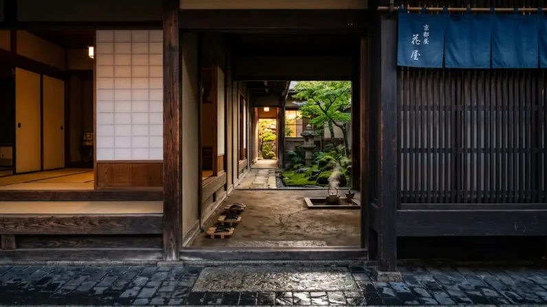 Dormir en una machiya: la experiencia más auténtica de japón - machiya tradicional kioto portada japon Fotografía desde el umbral de una casa tradicional japonesa, mostrando el pasillo de tierra y un jardín iluminado al fondo