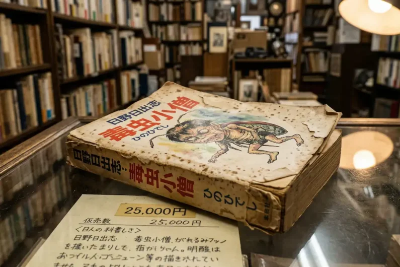 5 autores de manga de terror más perturbadores que junji ito - manga antiguo hideshi hino libreria jimbocho Primer plano de un libro de cómic antiguo muy deteriorado con manchas marrones en el papel sobre un cristal iluminado con luz cálida.