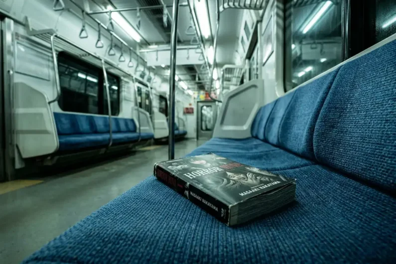 5 autores de manga de terror más perturbadores que junji ito - manga nakayama abandonado metro chuo line tokio Fotografía de un libro abandonado sobre el asiento de tela azul de un tren de metro japonés completamente vacío iluminado por luces fluorescentes.