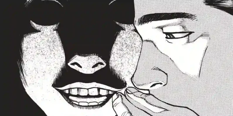5 autores de manga de terror más perturbadores que junji ito - masaaki nakayama manga maldito ptsd radio Tomo de manga clásico abierto sostenido por unas manos, mostrando páginas impresas en tonos sepia y morado con caras de personajes gritando.