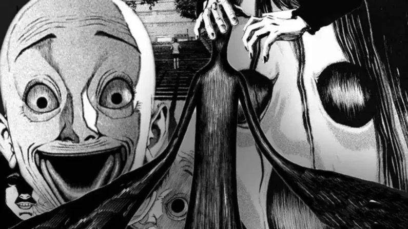 5 autores de manga de terror más perturbadores que junji ito - masaaki nakayama rostro deformado terror Viñeta de manga en blanco y negro que muestra un rostro humano distorsionado, deforme y terrorífico asomándose boca abajo.