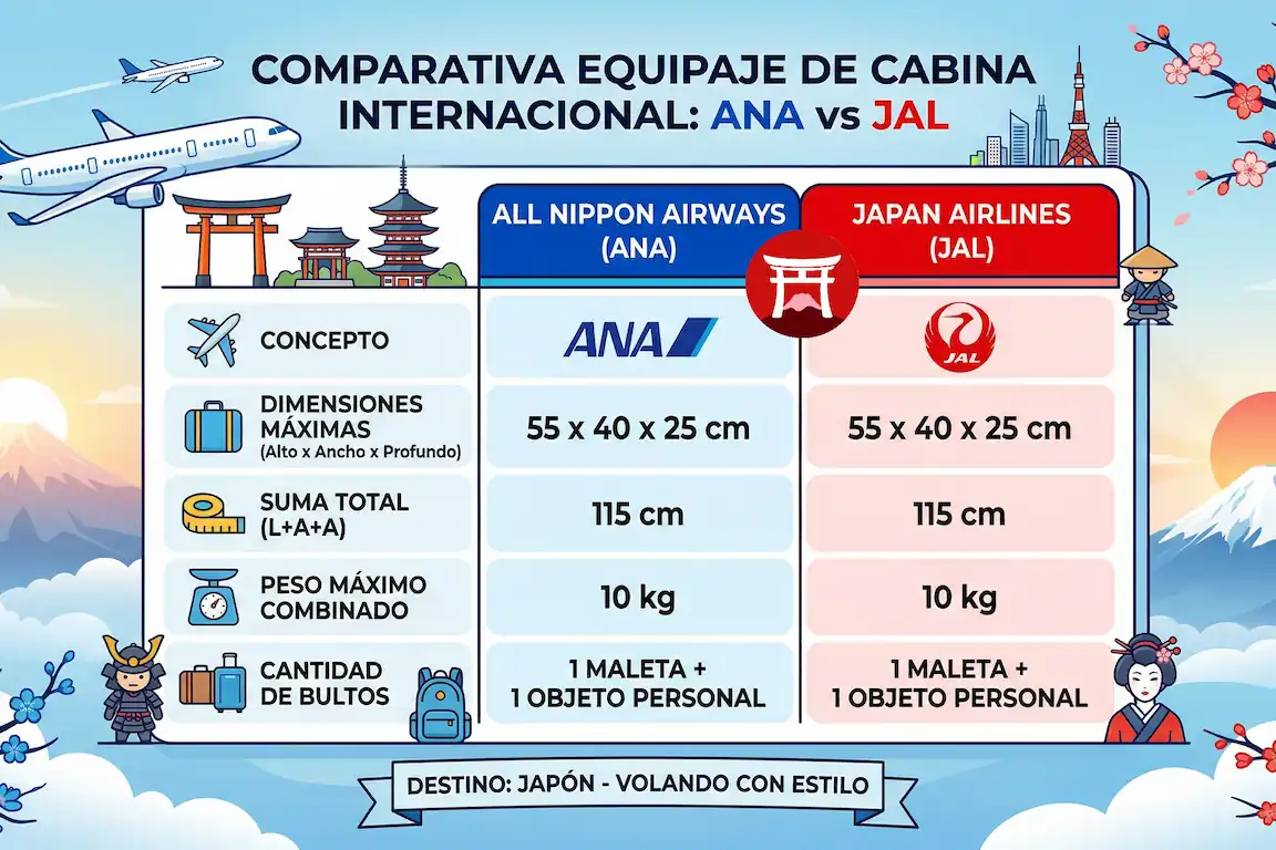 Medidas maleta cabina ana y jal: ¿son estrictas en 2026? - medidas maleta cabina ana jal comparativa Tabla comparativa de medidas y peso de maleta de cabina para all nippon airways (ana) y japan airlines (jal) en vuelos a japón.