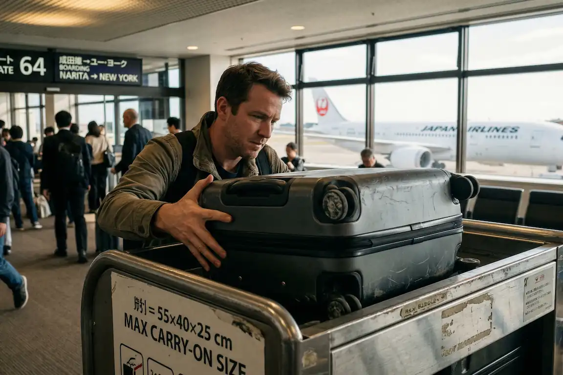 Medidas maleta cabina ana y jal: ¿son estrictas en 2026? - medidas maleta cabina ruedas aerolineas japonesas Turista intentando encajar una maleta gris en el medidor metálico de equipaje de una aerolínea japonesa, con las ruedas rozando los bordes. Medidas maleta cabina ana y jal para 2026