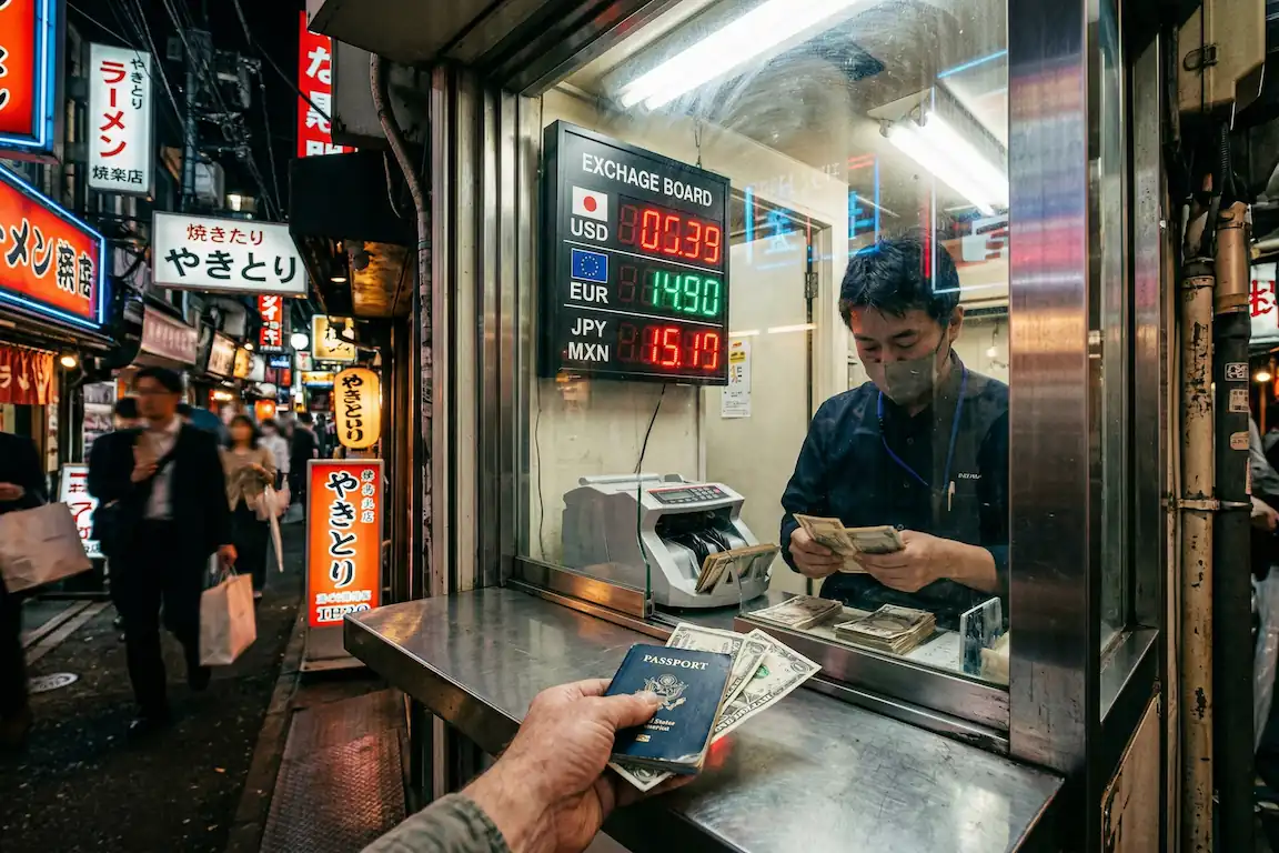 ¿cuánto dinero efectivo llevar para viajar a japón en 2026? - mejores casas cambio tokio shinjuku Pequeña casa de cambio iluminada en una calle de shinjuku de noche, con un panel led mostrando las tasas de cambio y un cliente con dólares y pasaporte.
