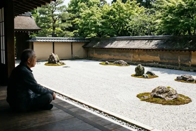 El arte del silencio y la piedra: guía para entender un jardín zen - misterio 15 rocas templo ryoanji kioto Fotografía del jardín zen del templo ryoan-ji mostrando grupos de piedras con musgo sobre un inmenso rectángulo de arena blanca frente a un muro de arcilla antigua.