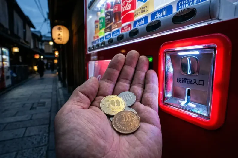 ¿cuánto dinero efectivo llevar para viajar a japón en 2026? - monedas yenes maquinas expendedoras japon Mano sosteniendo monedas japonesas de 500, 100 y 10 yenes frente a la ranura iluminada de una máquina expendedora roja de bebidas al anochecer. Es necesario llevar siempre algo de dinero en efectivo para viajar a japón