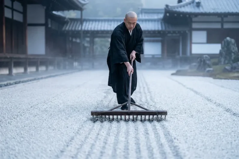 El arte del silencio y la piedra: guía para entender un jardín zen - monje budista rastrillando arena jardin zen Fotografía de un monje japonés vestido de negro usando un rastrillo de madera gigante para dibujar líneas en la arena blanca durante la madrugada.