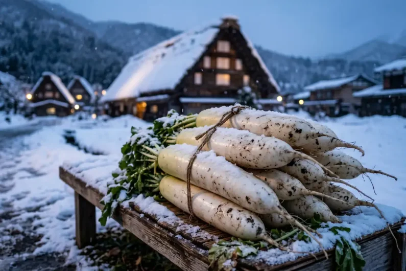 Calendario gastronómico de japón: 24 estaciones y sus sabores - nabo daikon invierno shirakawago Nabos daikon blancos sobre la nieve con una casa tradicional japonesa de paja al fondo.