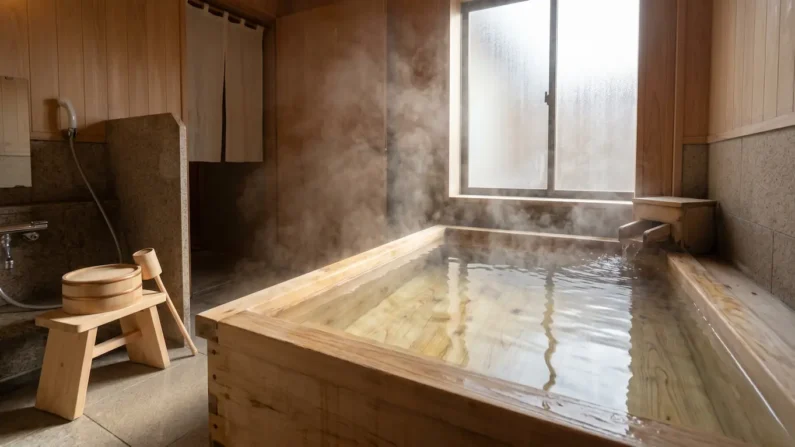 El baño japonés (ofuro): descubre el secreto del relax absoluto - ofuro sento onsen japon Baño tradicional japonés de madera con vapor denso y luz suave filtrada por la ventana.