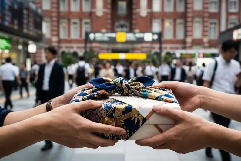 Guía de cómo hacer amigos en japón siendo extranjero - omiyage regalos cultura japonesa Manos entregando un regalo cuidadosamente envuelto en tela japonesa tradicional en una estación de tren, para simbolizar la amistad entre dos personas en japón