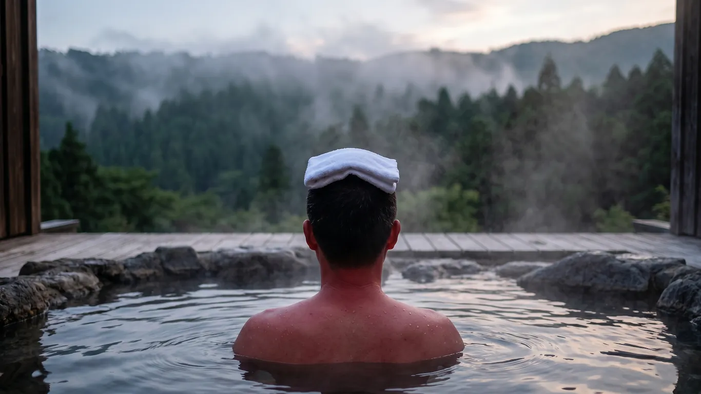El baño japonés (ofuro): descubre el secreto del relax absoluto - onsen hakone relajacion yudetako Persona sumergida en un baño de aguas termales con vapor y vistas a un bosque brumoso en japón.