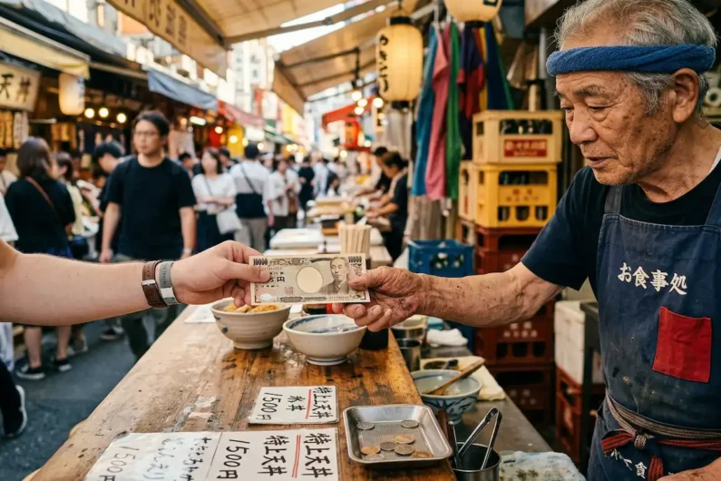 ¿cuánto dinero efectivo llevar para viajar a japón en 2026? - pagar efectivo yenes mercado japon Primer plano de las manos de un turista entregando un billete de 10. 000 yenes a un vendedor mayor japonés en un puesto de madera del mercado.