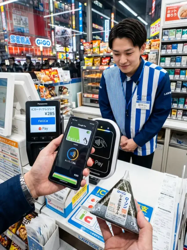 Tarjeta suica en el móvil: cómo configurar apple pay y google pay para japón - pagar konbini suica akihabara Primer plano de un smartphone pagando en el terminal de una tienda lawson en tokio.