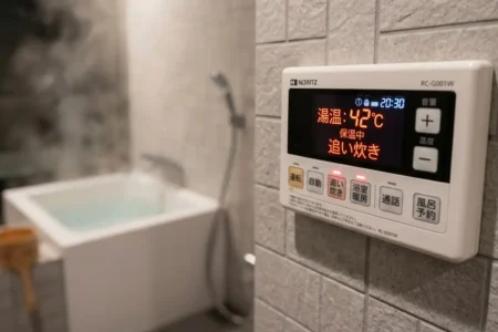 El baño japonés (ofuro): descubre el secreto del relax absoluto - panel control bano japones moderno Panel electrónico de control de temperatura de un baño en japón mostrando 42 grados celsius.