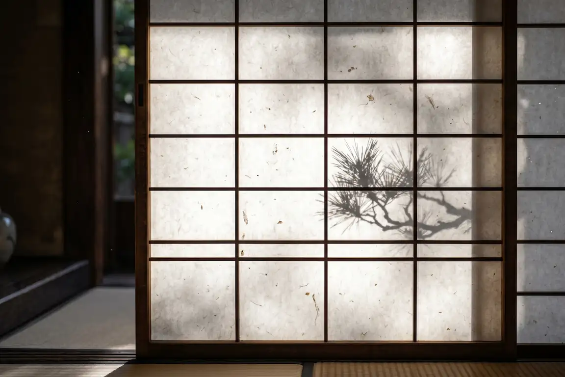 Dormir en una machiya: la experiencia más auténtica de japón - paneles shoji luz difusa japon Primer plano de una puerta corredera japonesa de papel y madera con luz solar filtrada
