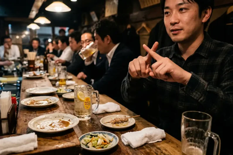 Guía de izakayas: cómo pedir y comer en la taberna japonesa - pedir cuenta izakaya gesto dedos japon Manos de un cliente de restaurante formando una cruz con sus dedos índices sobre una mesa llena de platos vacíos y vasos a medio terminar.