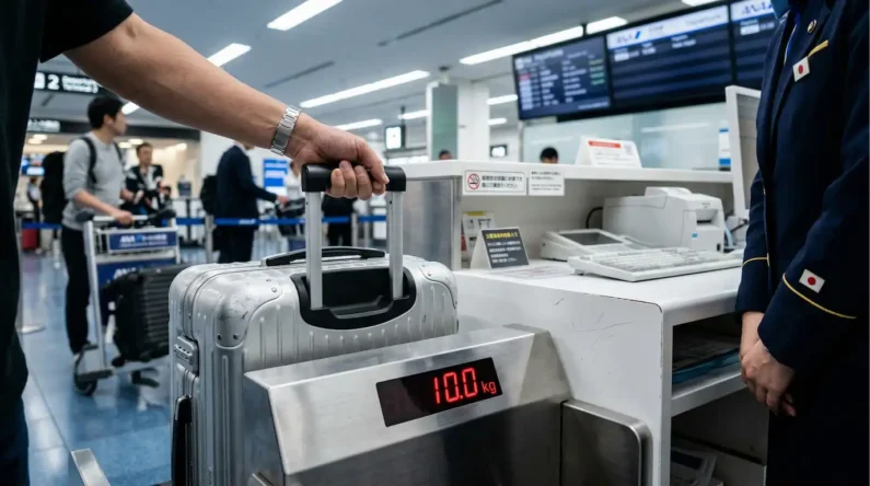 Medidas maleta cabina ana y jal: ¿son estrictas en 2026? - peso maximo maleta cabina ana jal japon Maleta plateada de cabina sobre una báscula metálica de aeropuerto que marca exactamente 10 kilos con un fondo desenfocado de la terminal.