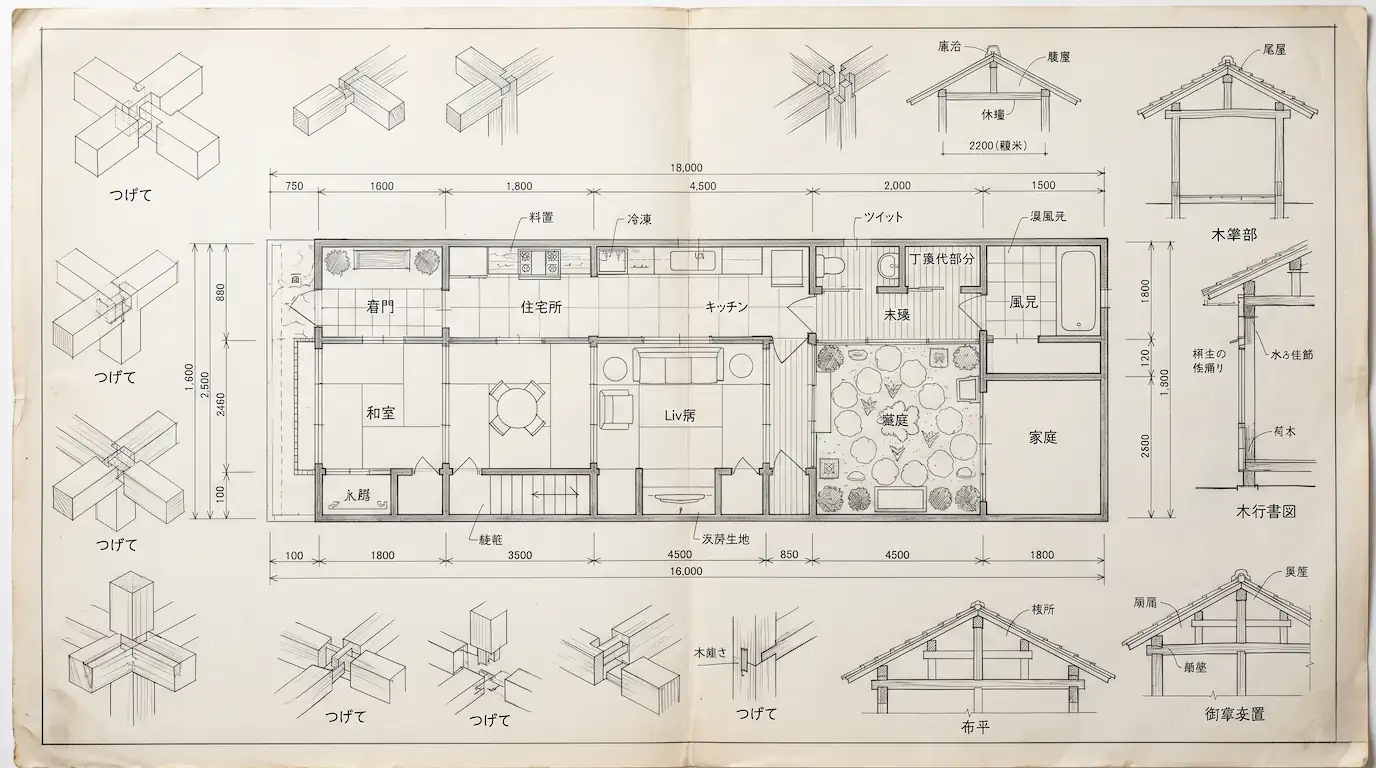 Dormir en una machiya: la experiencia más auténtica de japón - plano arquitectonico machiya tradicional kioto 1 Fotografía cenital de un plano técnico a lápiz sobre papel blanco de una casa tradicional japonesa machiya.