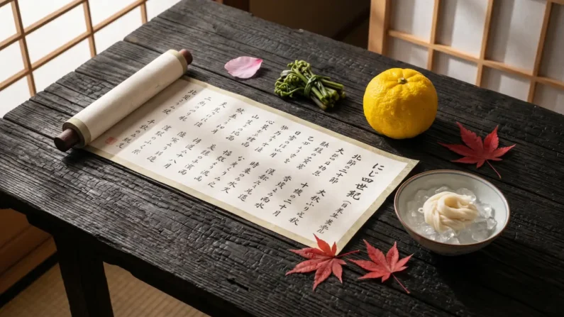 Calendario gastronómico de japón: 24 estaciones y sus sabores - portada 24 micro estaciones gastronomia japon Bodegón sobre madera de un calendario solar japonés rodeado de ingredientes de temporada: flores de cerezo, hojas de otoño y cítricos