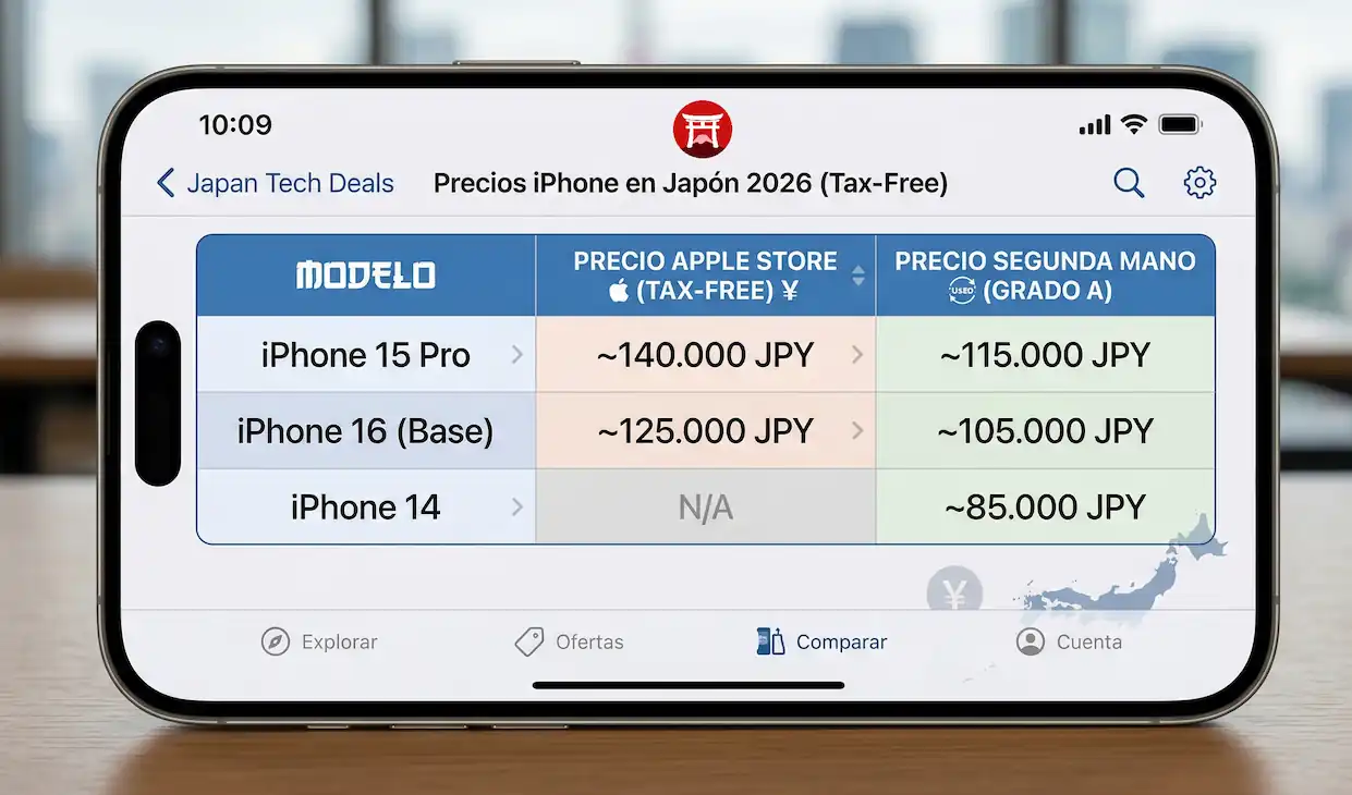 ¿vale la pena comprar un iphone en japón? Precios y guía 2026 - precios iphone japon 2026 tax free comparativa nuevos usados 1 Un iphone en orientación horizontal mostrando una tabla comparativa de precios en japón para 2026. La tabla incluye precios estimativos en yenes japoneses (jpy) para la apple store (tax-free) y mercado de segunda mano (grado a). Modelos listados: iphone 15 pro (apple: ~140,000; usado: ~115,000), iphone 16 (base) (apple: ~125,000; usado: ~105,000), e iphone 14 (usado: ~85,000; apple n/a).