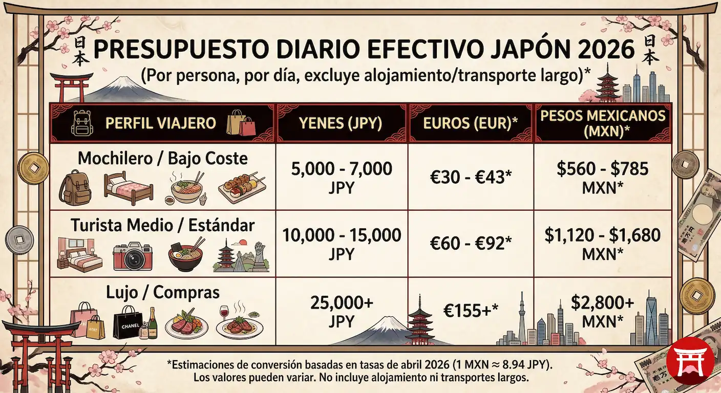 ¿cuánto dinero efectivo llevar para viajar a japón en 2026? - presupuesto efectivo viajar japon Tabla comparativa de cuánto efectivo llevar a japón en 2026 con presupuestos diarios en yenes, euros y pesos mexicanos según el tipo de viajero.