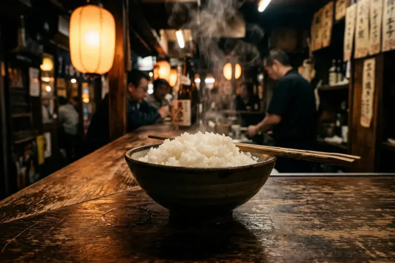 Supersticiones japonesas y tabúes: números, palillos y espejos - protocolo palillos arroz izakaya japon Tazón de arroz blanco humeante sobre una mesa de madera oscura en un restaurante japonés con palillos de bambú colocados horizontalmente encima.