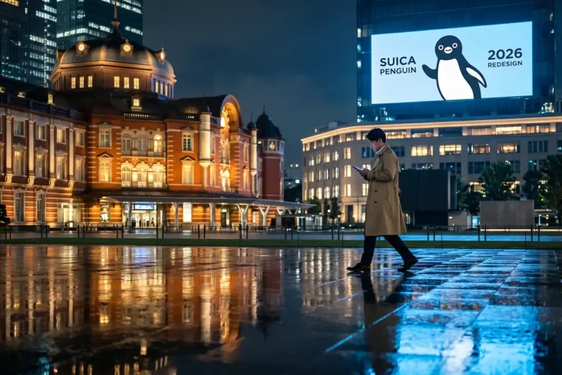 Tarjeta suica en el móvil: cómo configurar apple pay y google pay para japón - publicidad suica estacion tokio noche Estación de tokio de noche con asfalto mojado y publicidad digital de la tarjeta suica