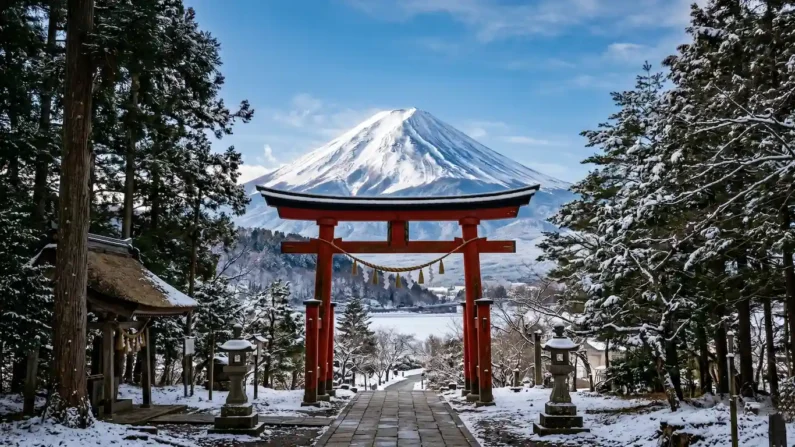 Guía maestra de cultura, historia y mitología japonesa - puerta torii roja monte fuji nevado japon Puerta torii roja tradicional frente al monte fuji nevado en japon simbolizando la union de espiritualidad y naturaleza en un paisaje invernal. Guía maestra de cultura, historia y mitología japonesa