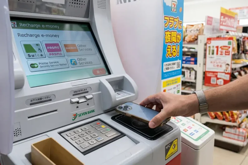 Tarjeta suica en el móvil: cómo configurar apple pay y google pay para japón - recargar suica cajero seven bank Mano colocando un iphone sobre la bandeja de un cajero atm japonés para recargar saldo