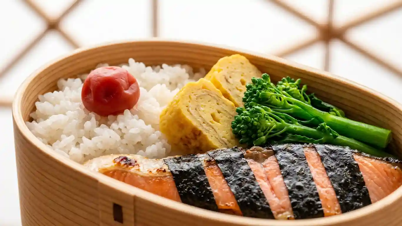 Cultura del bento: el arte de la caja de comida para llevar en japón - regla cinco colores bento japones Caja bento de madera con arroz, tortilla, salmón y verduras organizados meticulosamente.