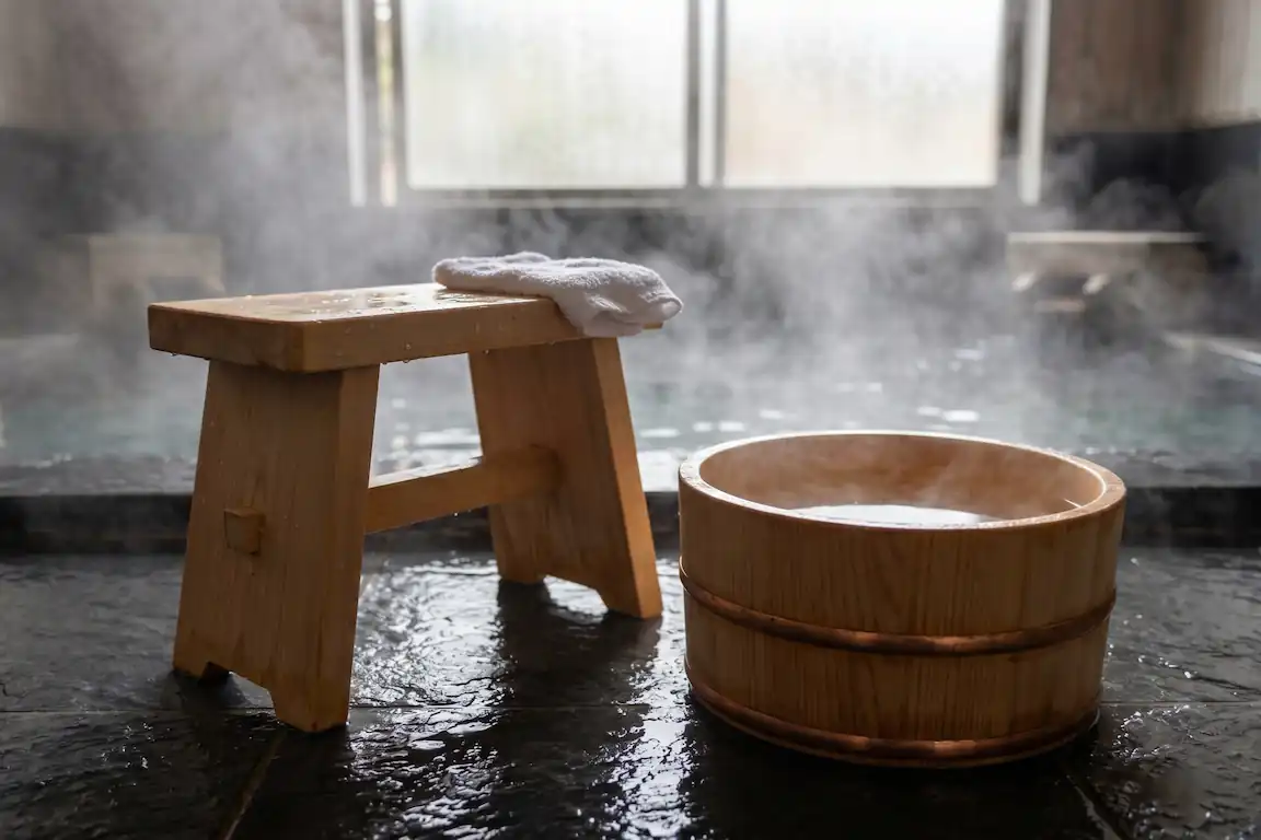 El baño japonés (ofuro): descubre el secreto del relax absoluto - ritual lavado ofuro ryokan japones Cubo de madera hinoki y taburete en un baño tradicional japonés con vapor y luz suave.