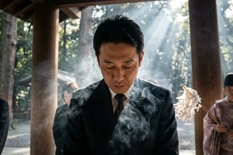 Supersticiones japonesas y tabúes: números, palillos y espejos - ritual purificacion yakubarai hombres japon Retrato de cerca de un hombre japonés de 42 años con expresión solemne rezando entre denso humo de incienso iluminado por rayos de sol.