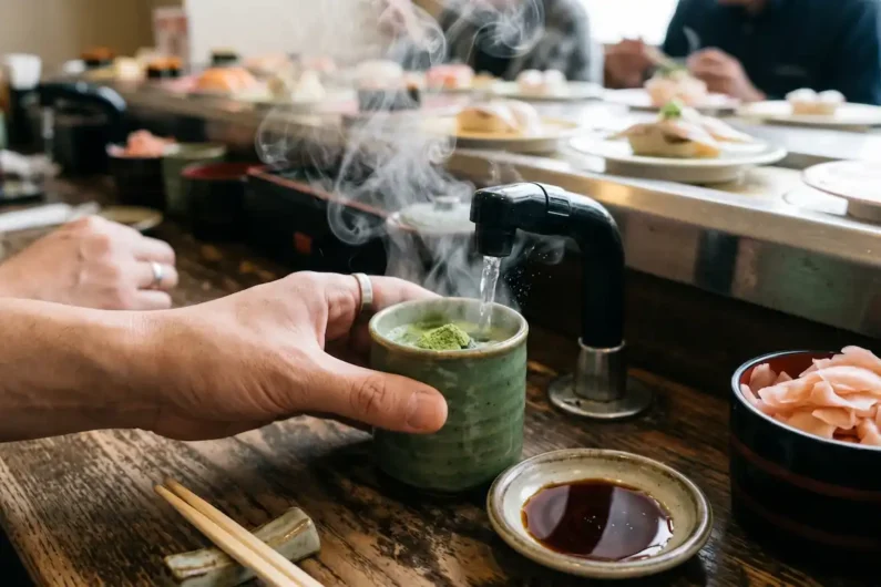 Guía de kaitenzushi (sushi de cinta) y trucos para aprovechar el buffet - ritual te verde agari sushi Vapor saliendo de una taza de té verde matcha al presionar el grifo de agua caliente en una mesa de sushi.