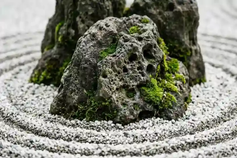 El arte del silencio y la piedra: guía para entender un jardín zen - rocas ishi arena shirasuna jardin zen Primer plano de una gran piedra gris con musgo verde rodeada de arena blanca de granito con surcos circulares profundos.