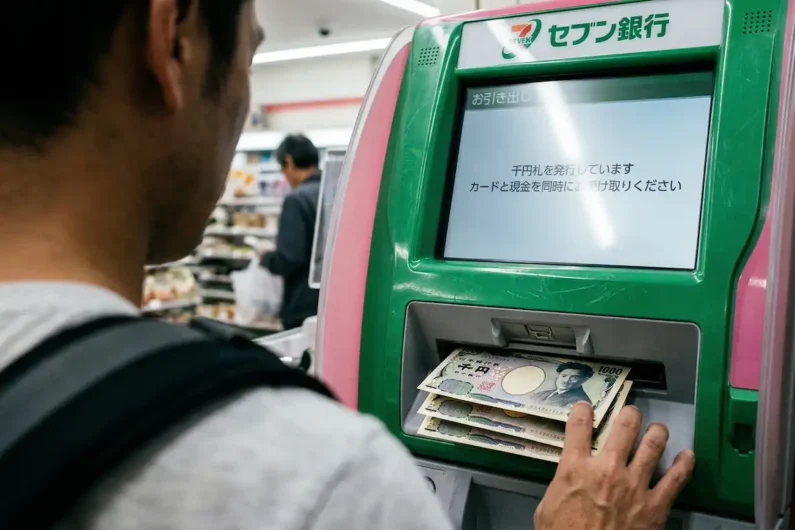 ¿cuánto dinero efectivo llevar para viajar a japón en 2026? - sacar dinero cajero 7 eleven japon Vista cercana de un cajero automático verde de 7-bank dispensando billetes de mil yenes japoneses en una tienda de conveniencia iluminada.