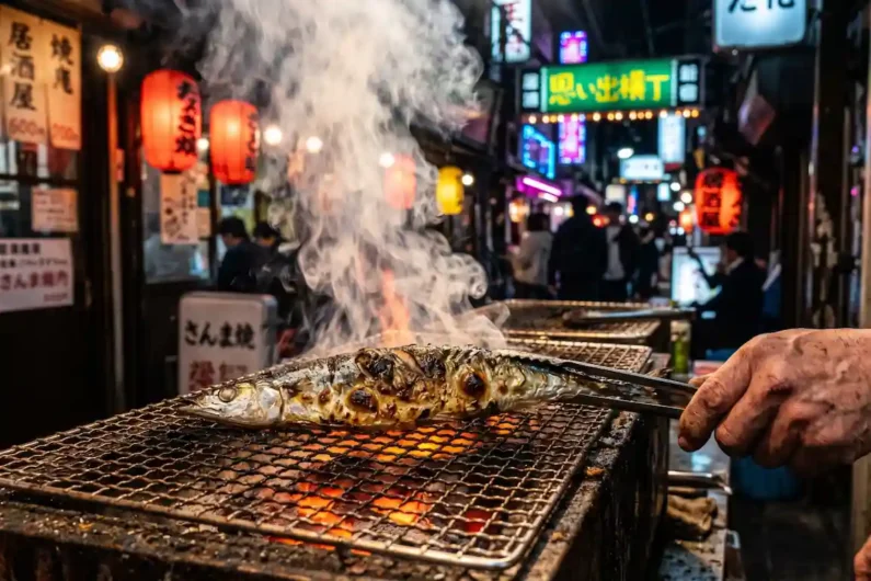 Calendario gastronómico de japón: 24 estaciones y sus sabores - sanma asado shinjuku omoide yokocho Un pescado sanma plateado asándose sobre carbón ardiente con humo denso en shinjuku