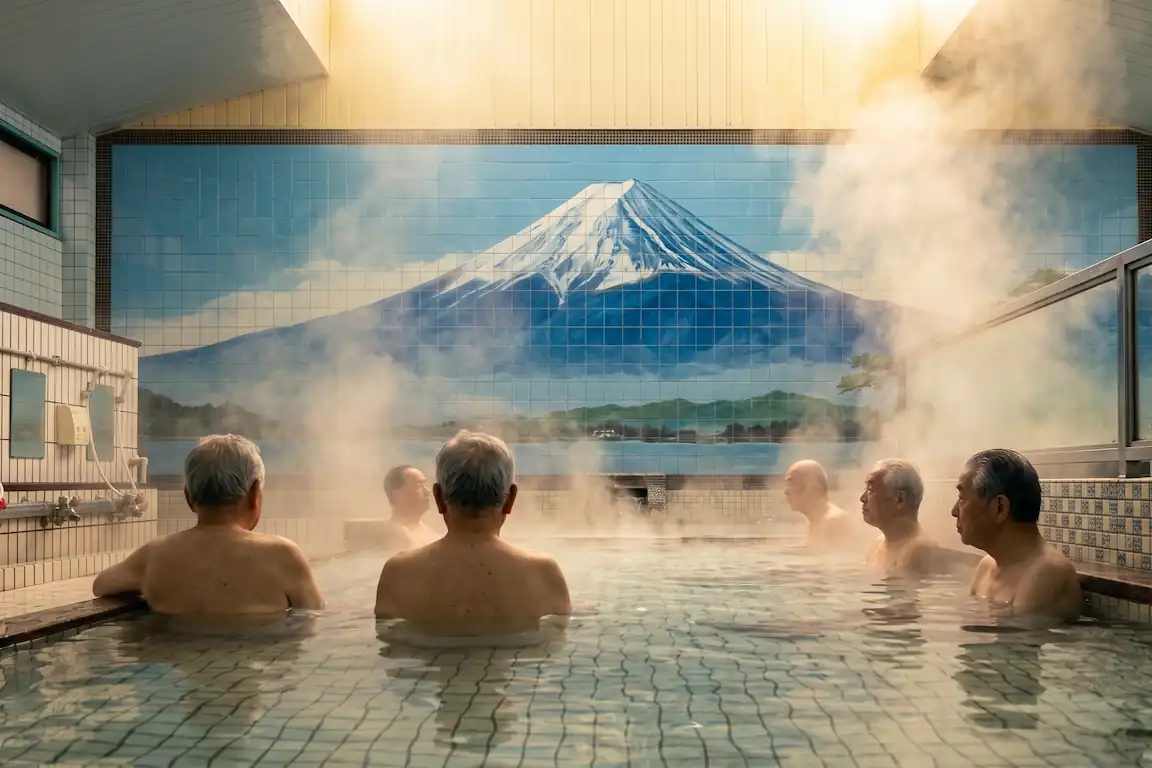 El baño japonés (ofuro): descubre el secreto del relax absoluto - sento bano publico mural fuji tokio Interior de un baño público japonés sento con mural del monte fuji y vapor denso.