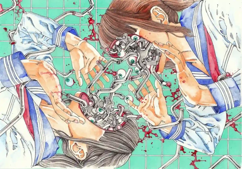 5 autores de manga de terror más perturbadores que junji ito - shintaro kago portada manga terror Portada de manga ilustrada por shintaro kago con dos personajes femeninos entrelazados con tubos y anatomía expuesta en tonos pastel.
