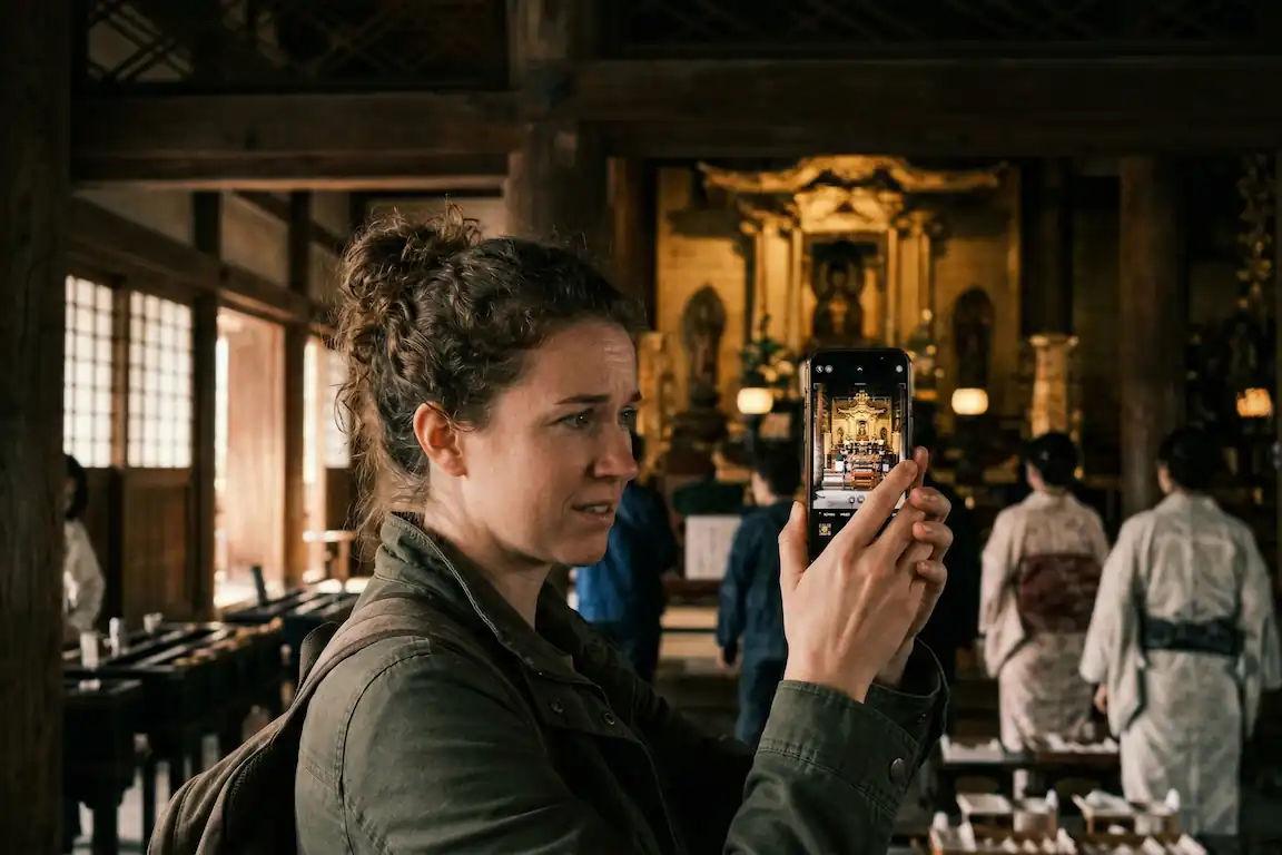 ¿vale la pena comprar un iphone en japón? Precios y guía 2026 - sonido camara iphone japones obtruador Turista sosteniendo un iphone grabando el altar interior de un templo oscuro en kioto, iluminando su cara con la pantalla de la cámara.