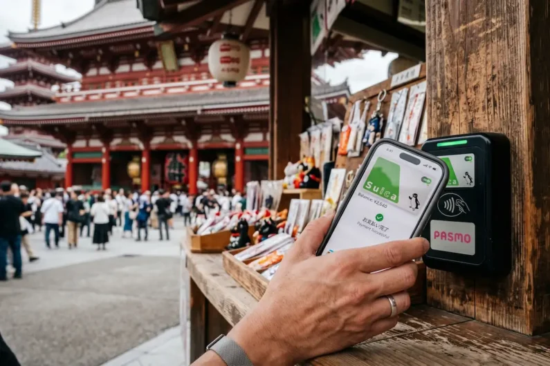 Tarjeta suica en el móvil: cómo configurar apple pay y google pay para japón - suica apple pay templo asakusa Una mano pagando con iphone en un puesto tradicional del templo senso-ji en asakusa, tokio